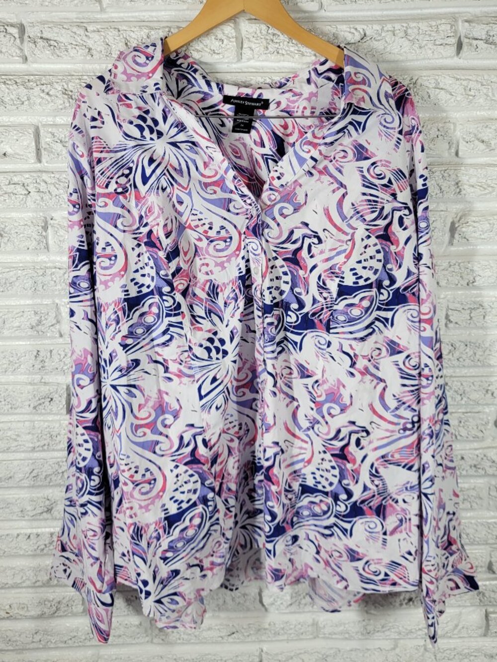 Ashley Stewart Women 24 Plus Top Shirt Button Up Long Sleeve Geometric GEO80E